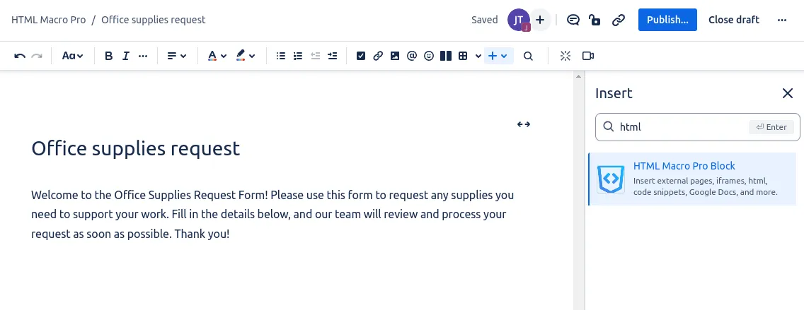 Selecting HTML Macro Pro from the Confluence insert menu, Confluence HTML macro