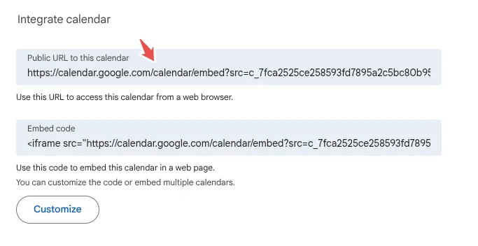 Copying the public URL to this calendar from the Integrate calendar section