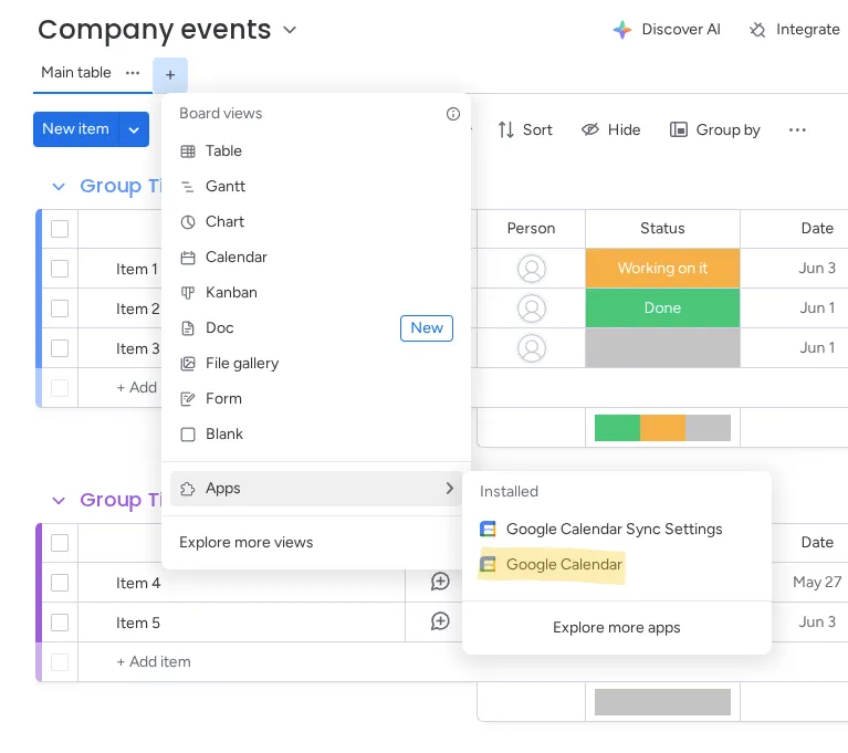 Adding the Google Calendar app to a monday.com board