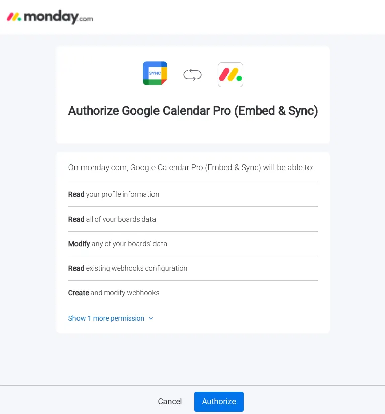 Authorization screen for Calendar Embed and Sync in monday.com
