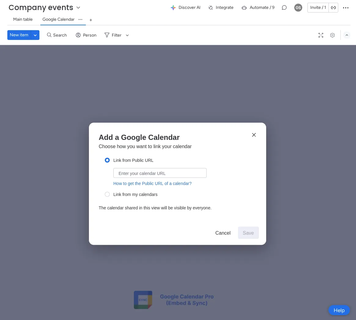 Setup wizard to paste a public Google Calendar URL or pick a calendar