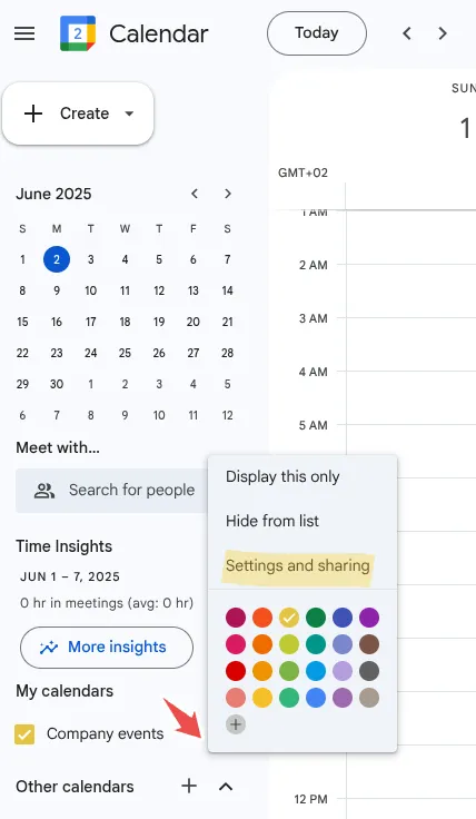Opening Settings and sharing for a calendar in Google Calendar