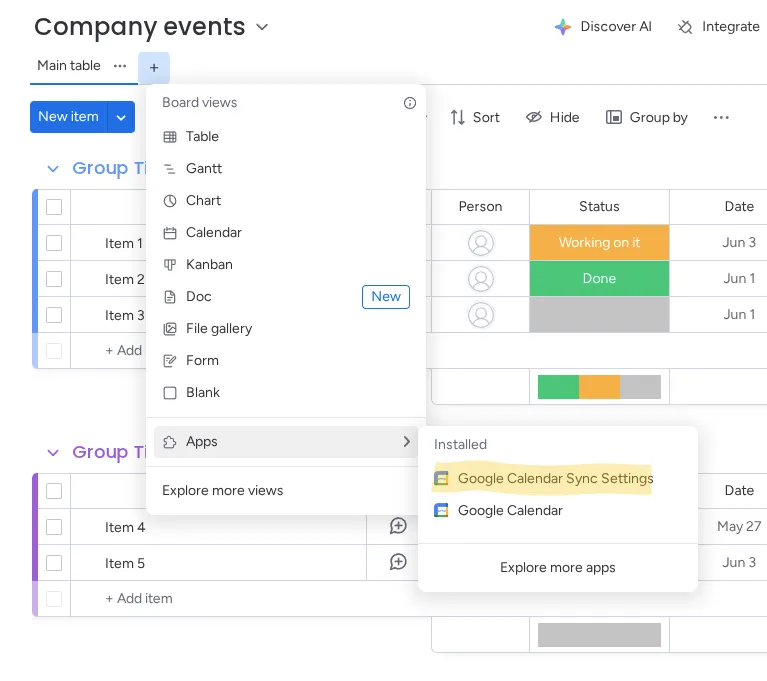 Adding the Calendar Embed and Sync app to enable two-way sync in monday.com