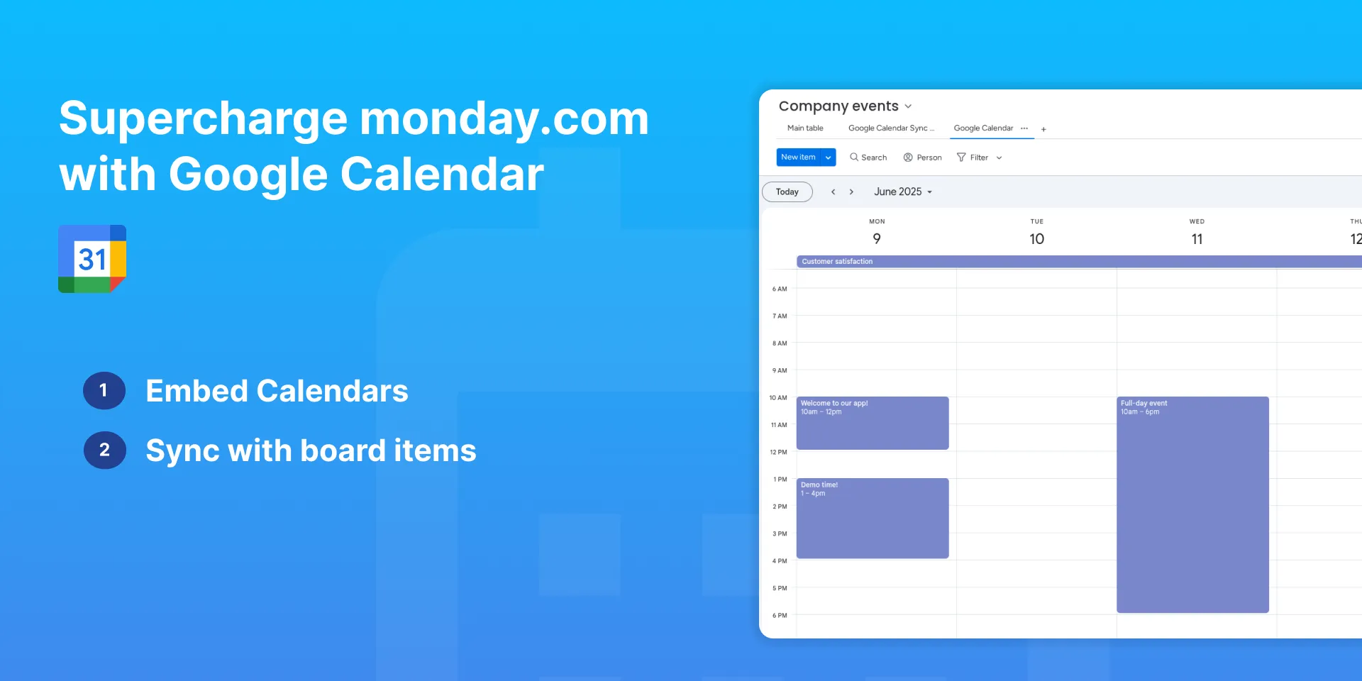 Google Calendar embedded inside a monday.com board, Calendar Embed and Sync for monday.com