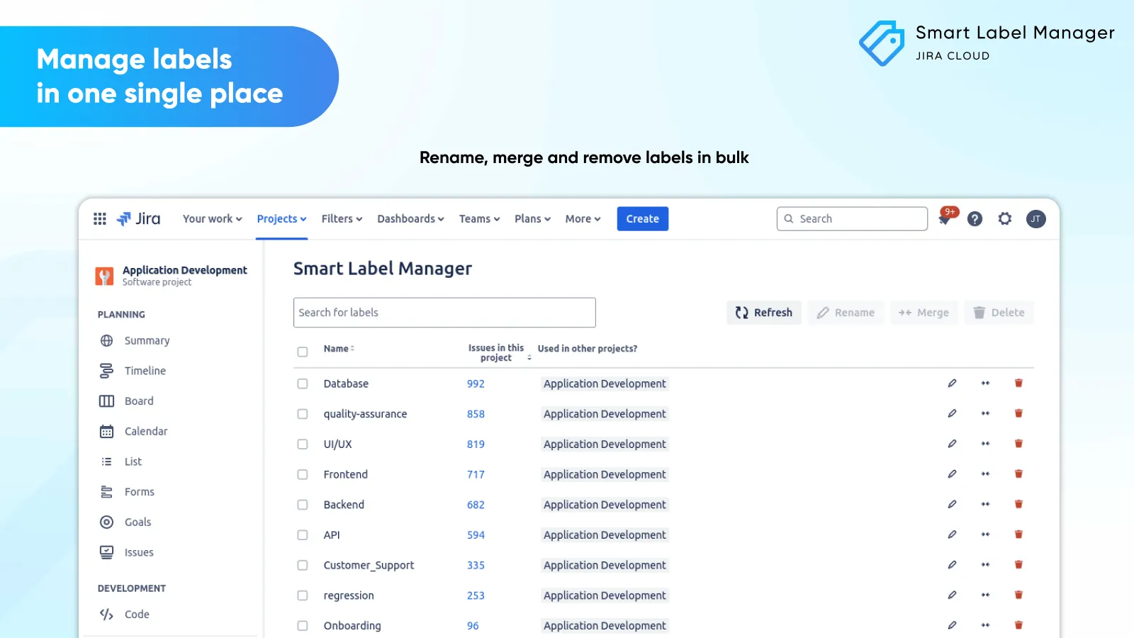 Smart Label Manager marketing banner, manage all your Jira labels in one place