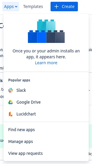 Opening Manage apps from the Confluence Apps menu, manage Confluence apps