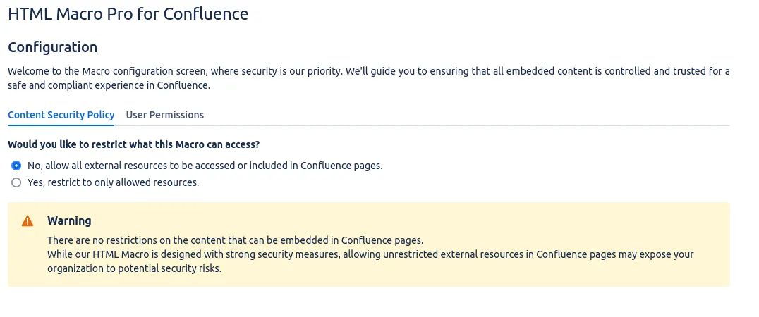 HTML Macro Pro main settings screen in Confluence administration, HTML macro settings
