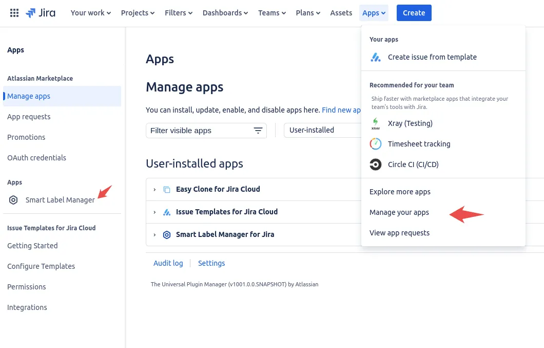 Smart Label Manager listed under the Apps section in the Jira project menu