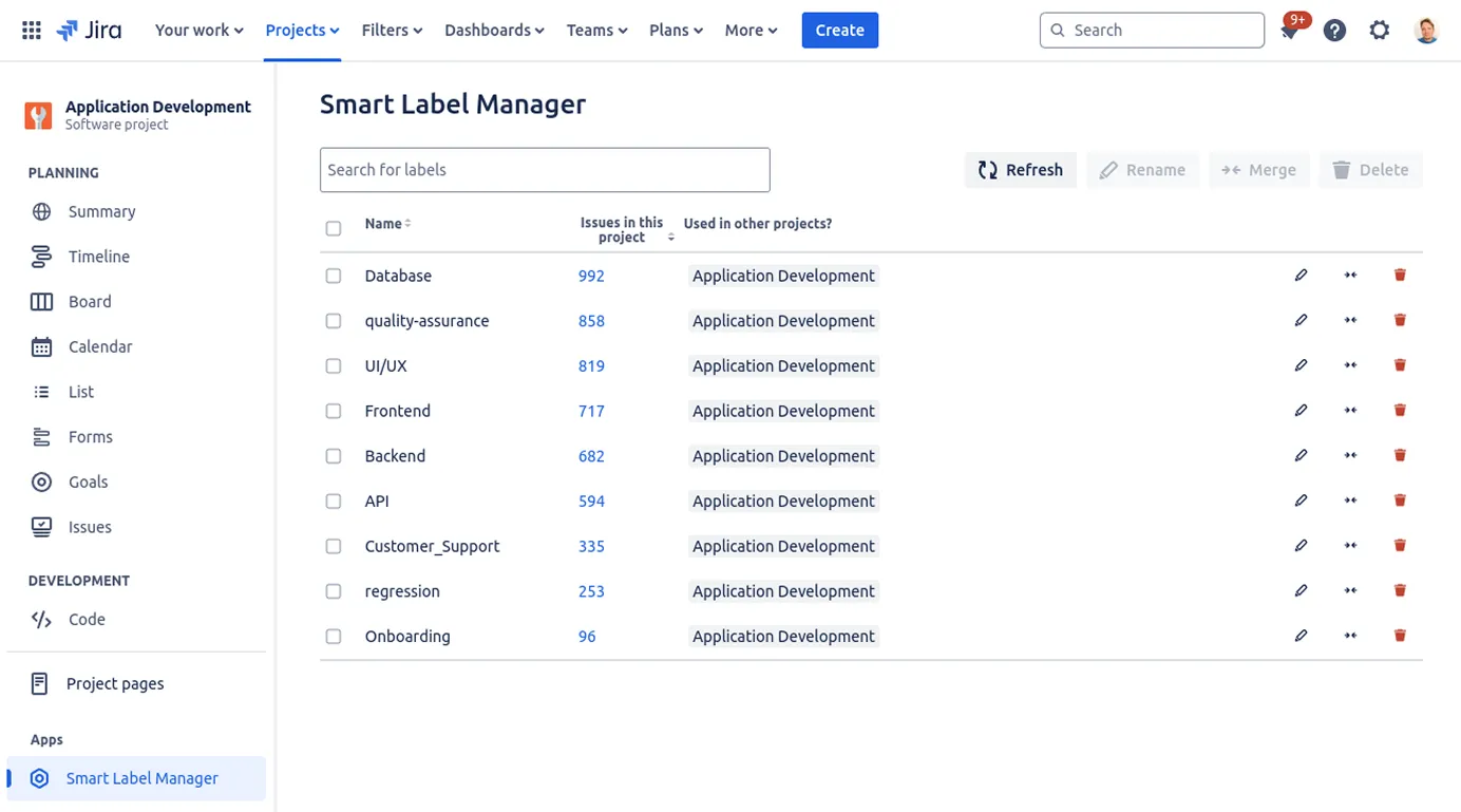 Smart Label Manager interface for renaming, merging and removing Jira labels