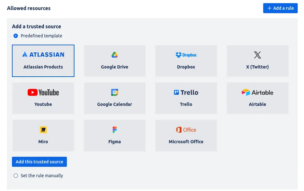 Predefined Content Security Policy ruleset templates in HTML Macro Pro, Confluence CSP templates
