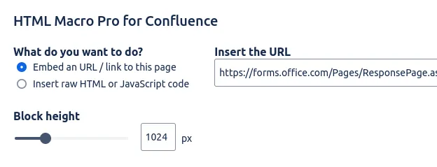 Entering the website URL to embed in HTML Macro Pro, embed a URL in Confluence